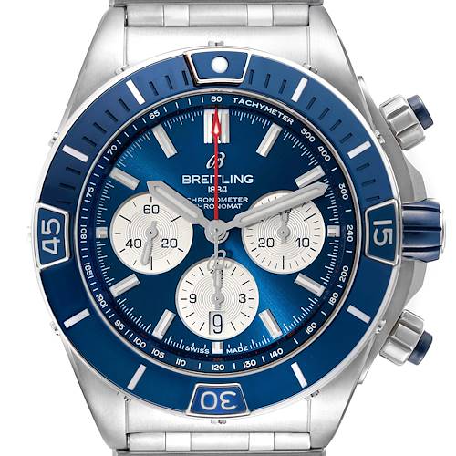 The image shows a front view of the Breitling Chronomat AB0136 Men's Stainless Steel Blue Dial AB0136 Men's Stainless Steel Blue Dial watch, highlighting the bezel, dial, subdials, and crown.