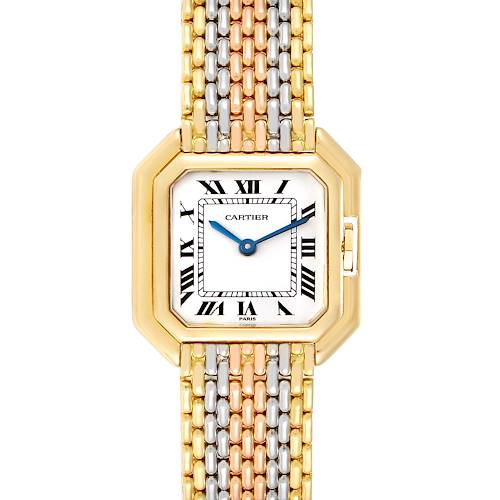 The image shows a Cartier Tank Classic Women's Yellow Gold White Dial Women's Yellow Gold White Dial watch from a front angle, highlighting its face, bezel, and multi-colored bracelet.
