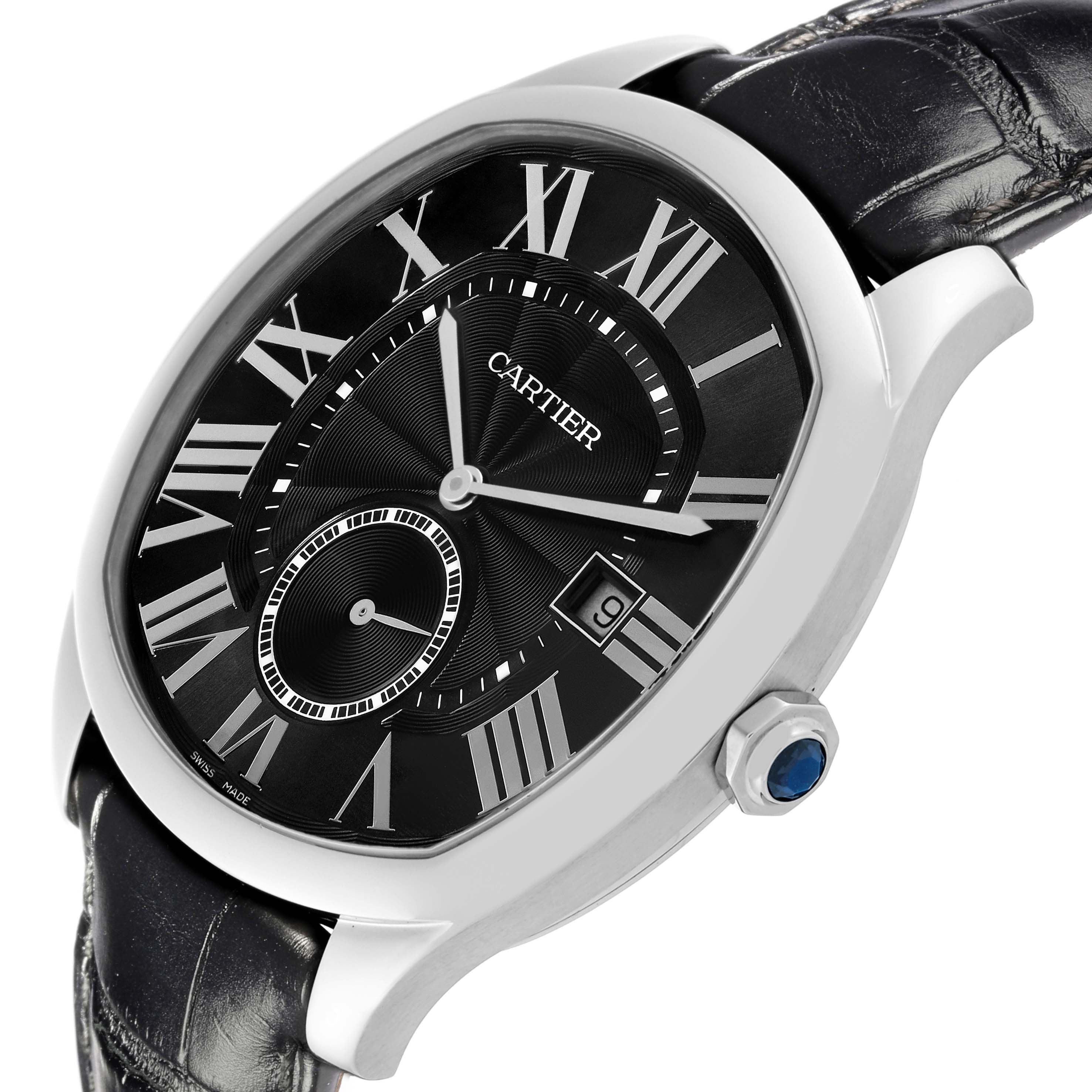 The Drive de Cartier watch is shown at a slight side angle, highlighting the black dial, Roman numerals, case, and leather strap.
