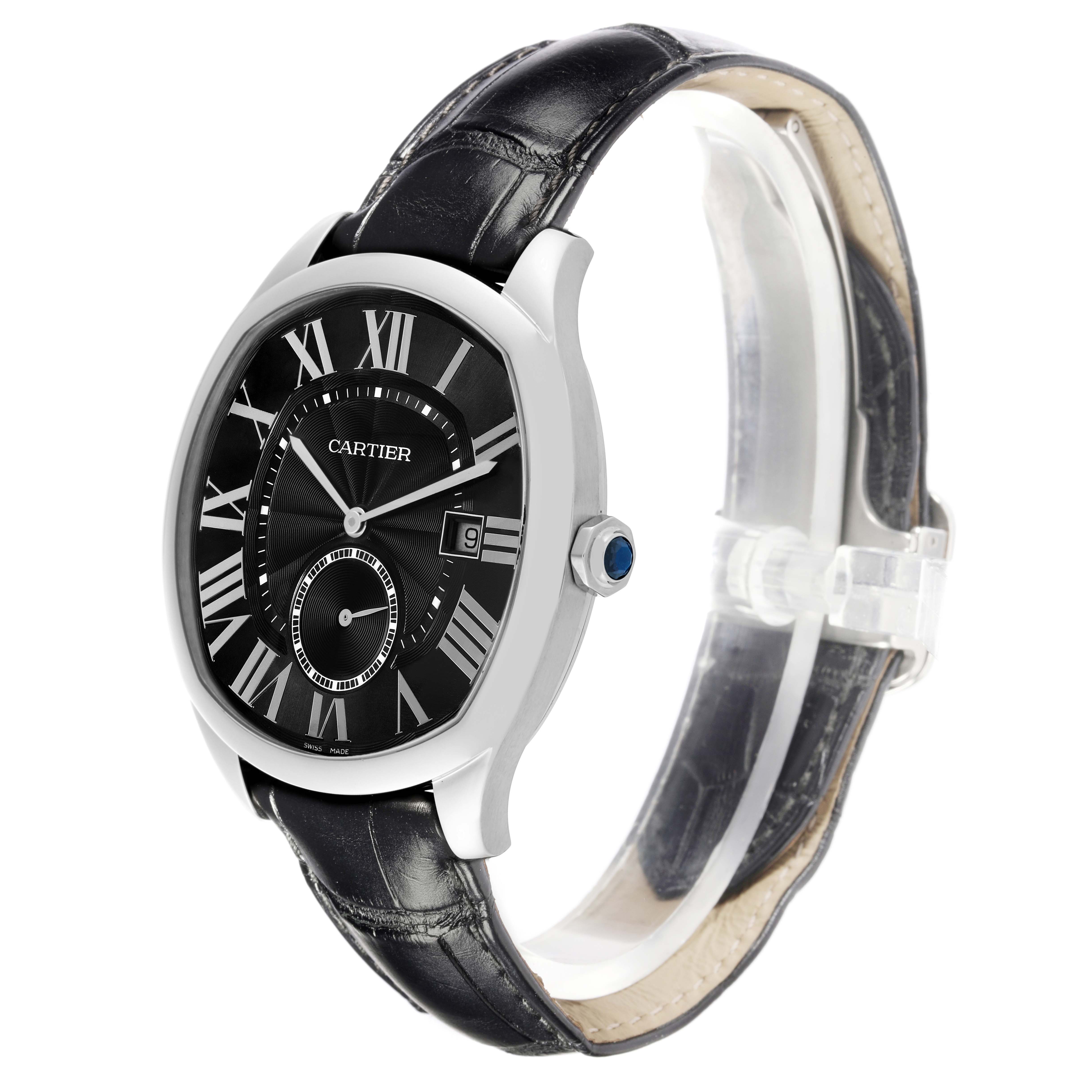The Drive de Cartier watch is shown at a side angle, highlighting the face, crown, and leather strap.