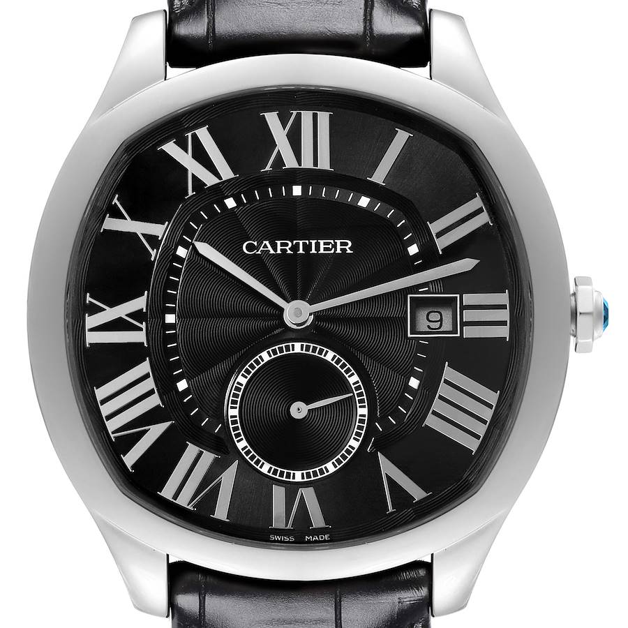 The Drive de Cartier watch is shown from a front angle, highlighting the black dial, Roman numerals, and date window.