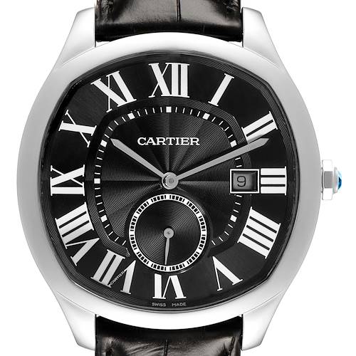 The Drive de Cartier watch by Cartier is shown from a front angle, highlighting its dial, date window, and Roman numerals.