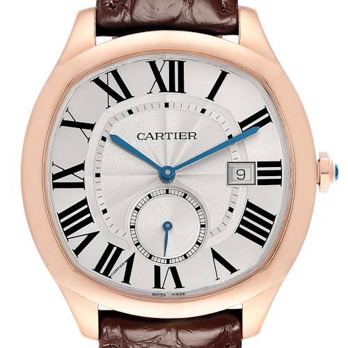 The image shows a frontal view of the Drive de Cartier watch, featuring a silver dial with Roman numerals and a date display.