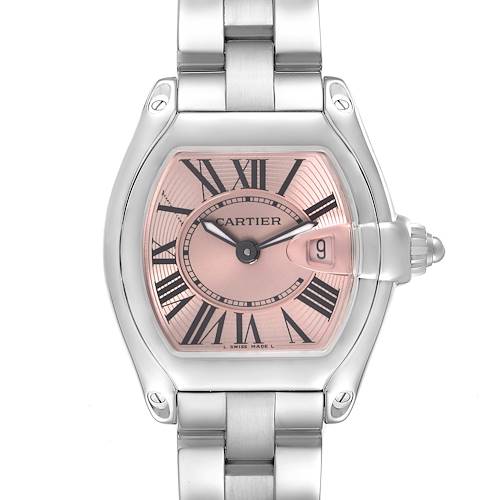 The Cartier Roadster W62017V3 Women's Stainless Steel Pink Dial W62017V3 Women's Stainless Steel Pink Dial watch is shown from a front angle, displaying its face, case, bracelet, and crown.