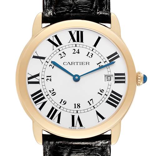 The Cartier Ronde W6700455 Men's Steel and Gold (two tone) Silver Dial watch is shown from a front angle, displaying the dial, Roman numerals, hands, bezel, and part of the black strap.