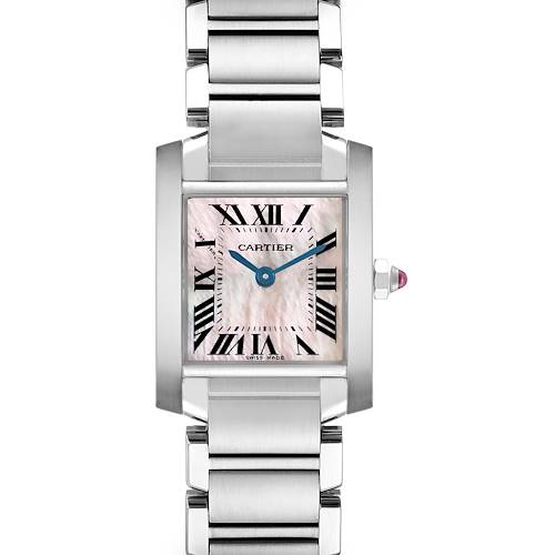 The Cartier Tank Francaise W51028Q3 Women's Stainless Steel Mother of Pearl Dial W51028Q3 Women's Stainless Steel Mother of Pearl Dial is shown from the front, highlighting the dial, bracelet, and crown.