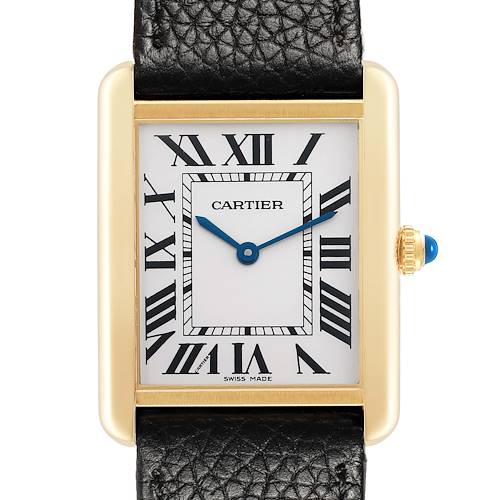 The Cartier Tank Solo W5200004 Men's Steel and Gold (two tone) Silver Dial watch is shown from the front, displaying its rectangular face, Roman numerals, and leather strap.