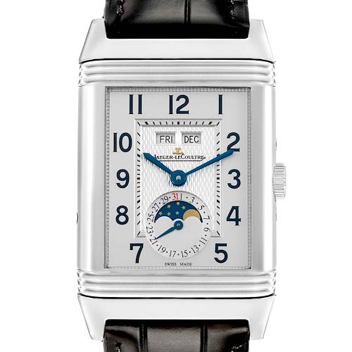The Jaeger-LeCoultre Reverso watch is shown from the front, displaying the dial, hands, calendar, and moon phase complications.