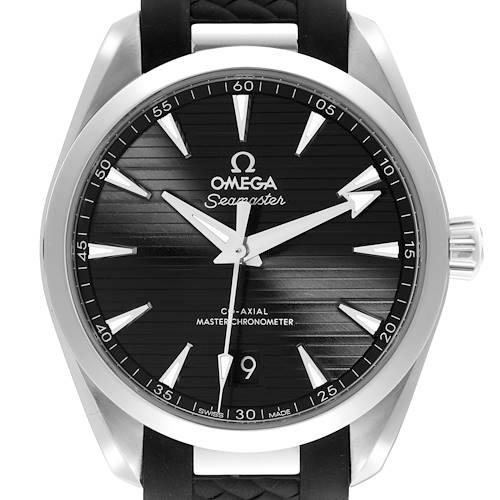 The image shows a front view of the Omega Aqua Terra 220.12.38.20.01.001 Men's Stainless Steel Black Dial 220.12.38.20.01.001 Men's Stainless Steel Black Dial watch face and crown.
