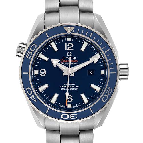 The image shows a front view of an Omega Planet Ocean 232.90.38.20.03.001 Men's Titanium Blue Dial 232.90.38.20.03.001 Men's Titanium Blue Dial model with a blue dial and bezel.
