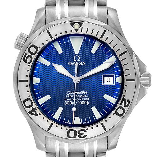The image shows a front view of an Omega Seamaster 2231.80.00 Men's Titanium Blue Dial 2231.80.00 Men's Titanium Blue Dial watch with a blue dial, date window, and stainless steel bracelet.