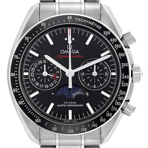 The Omega Speedmaster 304.30.44.52.01.001 Men's Stainless Steel Black Dial 304.30.44.52.01.001 Men's Stainless Steel Black Dial watch is shown from a front angle, highlighting the dial, tachymeter, and crown.