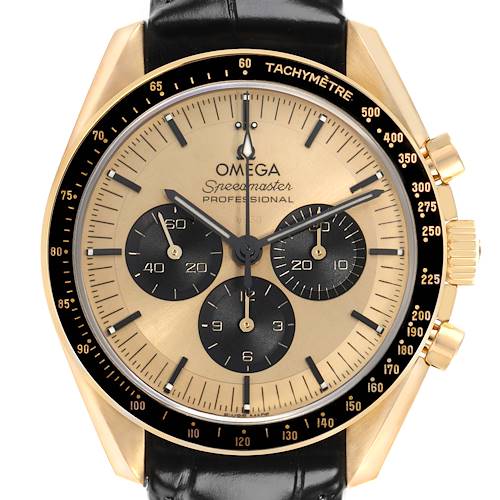 The Omega Speedmaster 310.62.42.50.99.001 Men's Yellow Gold Yellow Dial watch is shown from the front, highlighting its dial, subdials, tachymeter bezel, and gold case.