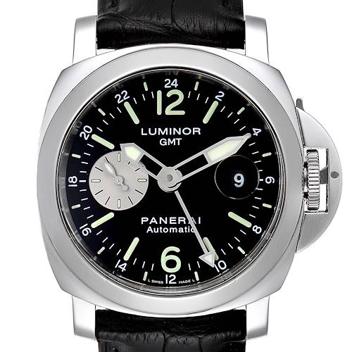 This image shows the front view of a Panerai Luminor PAM00088 Men's Stainless Steel Black Dial PAM00088 Men's Stainless Steel Black Dial GMT watch, highlighting its black dial, luminous markers, and leather strap.
