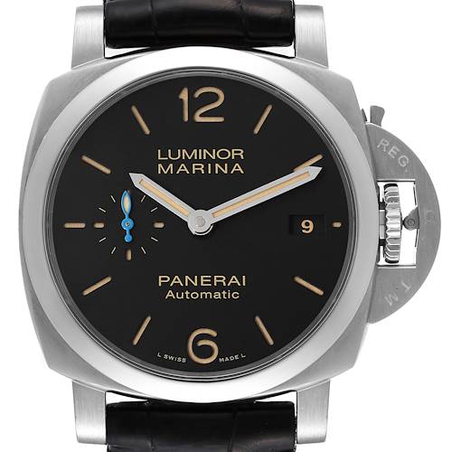 This image shows a front view of the Panerai Luminor PAM01392 Men's Stainless Steel Black Dial PAM01392 Men's Stainless Steel Black Dial Marina watch, highlighting its dial, case, crown guard, and strap.