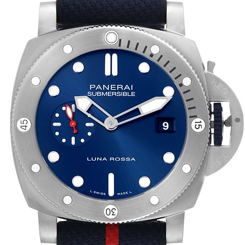 The Panerai Submersible PAM01391 Men's Stainless Steel Blue Dial PAM01391 Men's Stainless Steel Blue Dial watch is shown from the front, displaying its face, dial, and bezel.