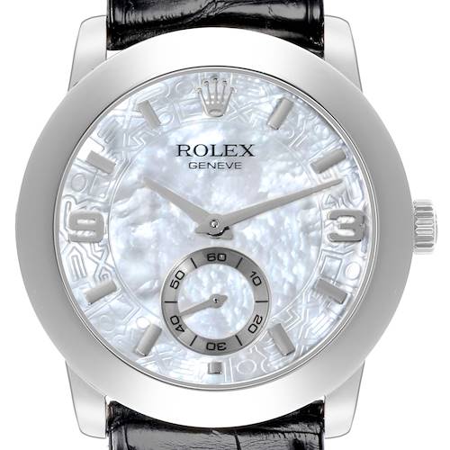The image shows a top view of the Rolex Cellini 5240 Men's Platinum Mother of Pearl Dial 5240 Men's Platinum Mother of Pearl Dial watch, highlighting its dial, hands, crown, and part of the strap.