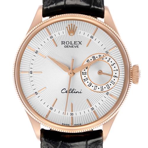 The Rolex Cellini 50515 Men's Rose Gold Silver Dial watch is shown from a front angle, highlighting the dial, hour markers, case, and part of the black strap.