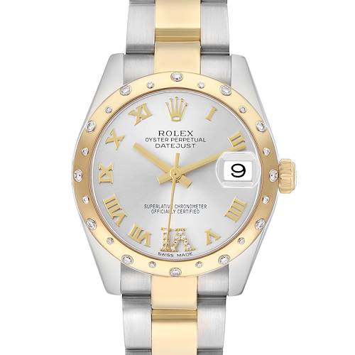 The Rolex Mid-Size 178343 Women's Steel and Gold (two tone) Silver Dial watch is shown from the front, highlighting its dial, bezel, crown, and bracelet.