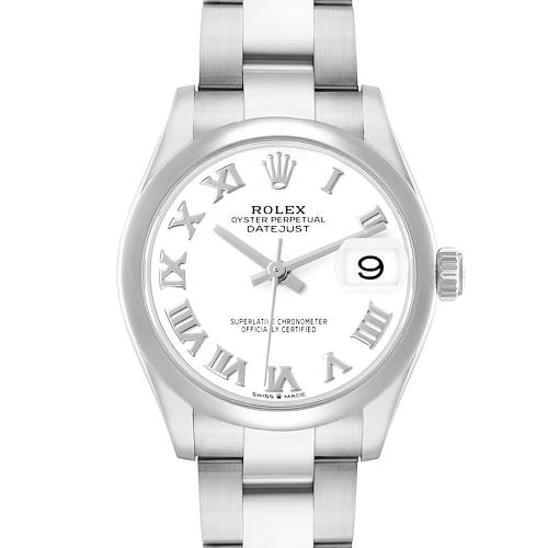 The Rolex Mid-Size 278240 Women's Stainless Steel White Dial model watch is shown from a front angle, displaying the dial, bezel, crown, and part of the bracelet.