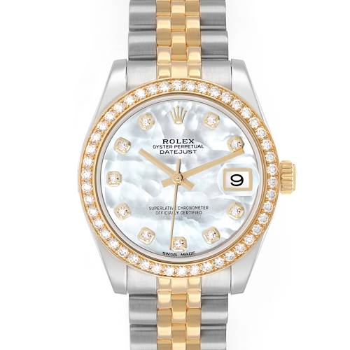The Rolex Mid-Size 178383 Women's Steel and Gold (two tone) Mother of Pearl Dial watch is shown from a front view, displaying the face, dial, bezel, crown, and part of the bracelet.
