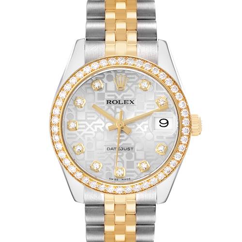 The Rolex Mid-Size 178383 Women's Steel and Gold (two tone) Silver Dial watch is shown from the front, displaying its face, bezel, crown, and part of the bracelet.
