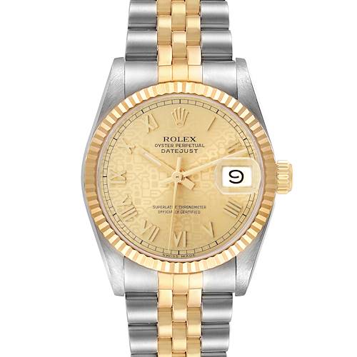 The Rolex Datejust 68273 Women's Steel and Gold (two tone) Champagne Dial watch is shown from the front, highlighting the gold and silver bracelet, fluted bezel, and dial with a date window.