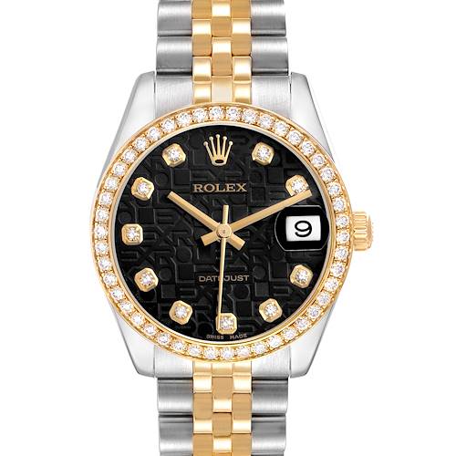 This Rolex Mid-Size 178383 Women's Steel and Gold (two tone) Black Dial watch shows a frontal view highlighting its black dial, diamond bezel, and two-tone bracelet.