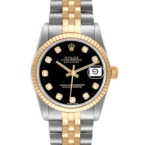 The Rolex Oyster Perpetual Datejust mid-size watch is shown from the front, highlighting its black dial, gold bezel, and two-tone bracelet.
