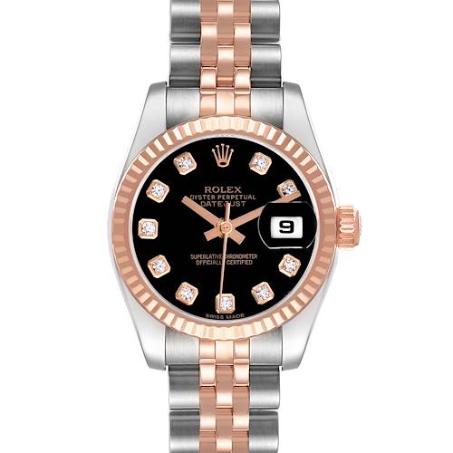 The image shows a front view of the Rolex Datejust 179171 Women's Steel and Gold (two tone) Black Dial, highlighting its dial, bezel, and bracelet.