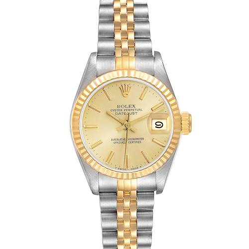 The Rolex Datejust 69173 Women's Steel and Gold (two tone) Champagne Dial watch is shown from a front angle, displaying the dial, bezel, crown, and two-tone bracelet.