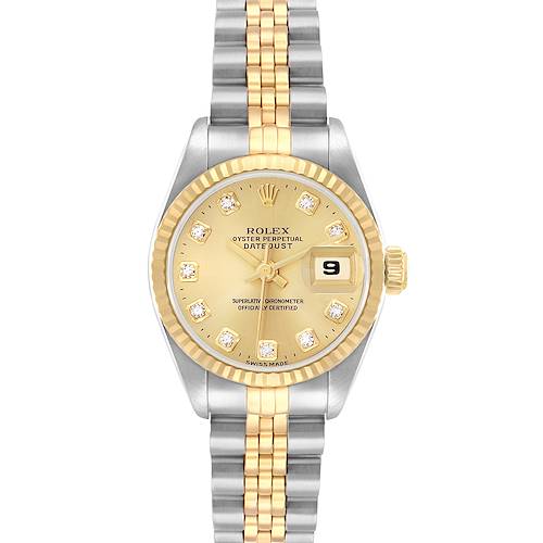 The Rolex Datejust 69173 Women's Steel and Gold (two tone) Champagne Dial watch is shown from a top-down angle, displaying the gold and silver bracelet and diamond-accented dial.