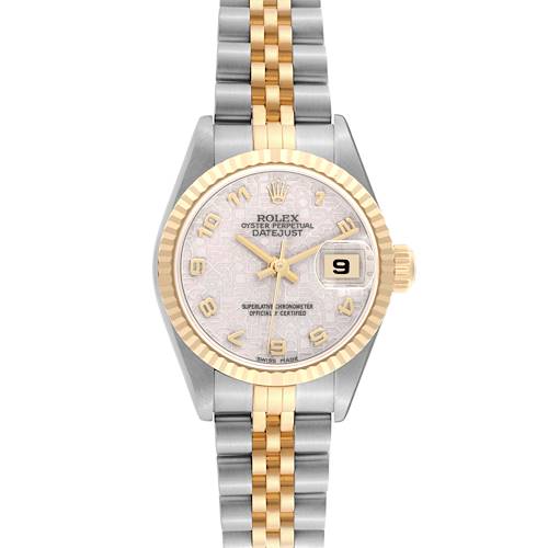 The watch is a Rolex Datejust 79173 Women's Steel and Gold (two tone) Beige Dial 79173 Women's Steel and Gold (two tone) Beige Dial displayed from the front, showing the dial, bezel, and bracelet.