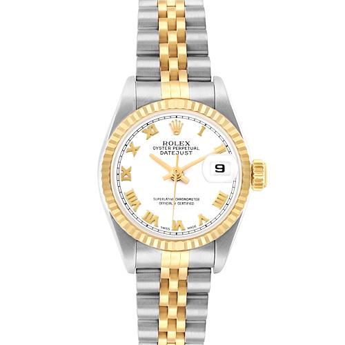 The Rolex Datejust 69173 Women's Steel and Gold (two tone) White Dial is shown from the front, displaying its dial, bezel, and two-tone bracelet.