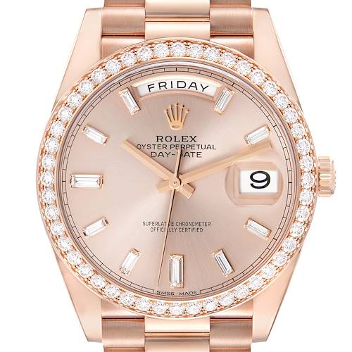 The image shows a front view of the Rolex President 228345 Men's Rose Gold Pink Dial 228345 Men's Rose Gold Pink Dial Day-Date watch face and band, highlighting its rose gold color and diamond bezel.
