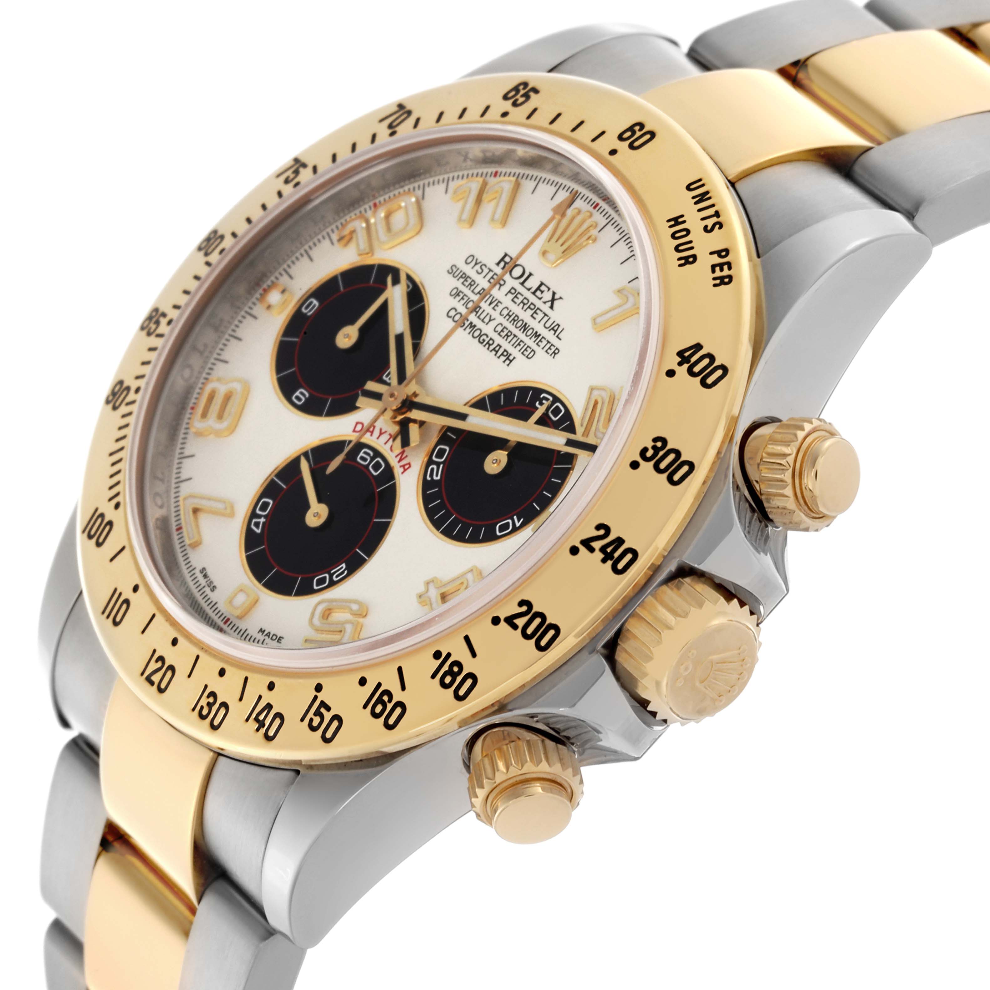 The Rolex Daytona 116523 Men's Steel and Gold (two tone) Silver Dial 116523 Men's Steel and Gold (two tone) Silver Dial watch is shown at a slight angle, highlighting the bezel, dial, and side pushers.