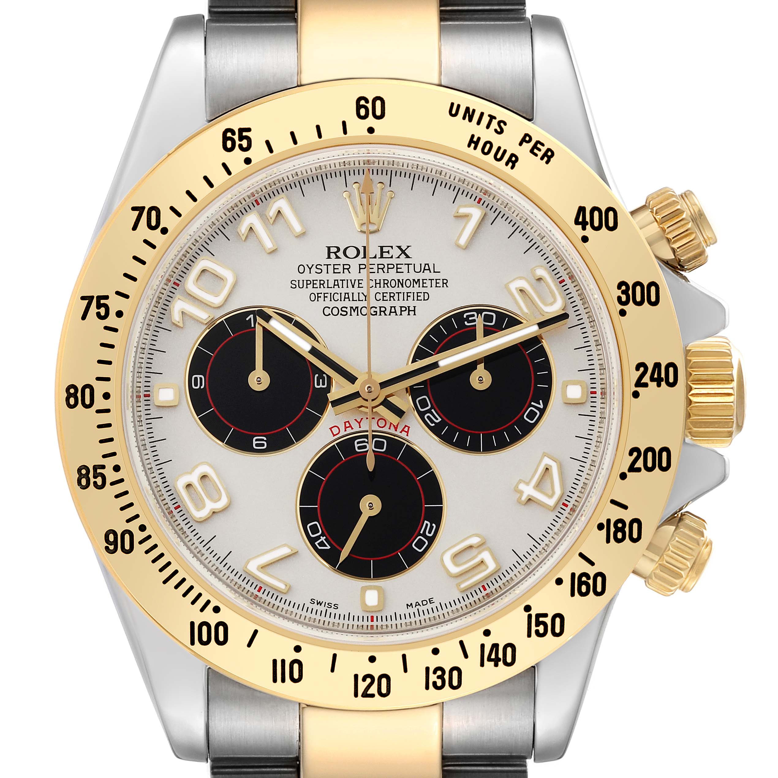 The Rolex Daytona 116523 Men's Steel and Gold (two tone) Silver Dial 116523 Men's Steel and Gold (two tone) Silver Dial watch is shown from a front view, highlighting its dial, bezel, and chronograph subdials.
