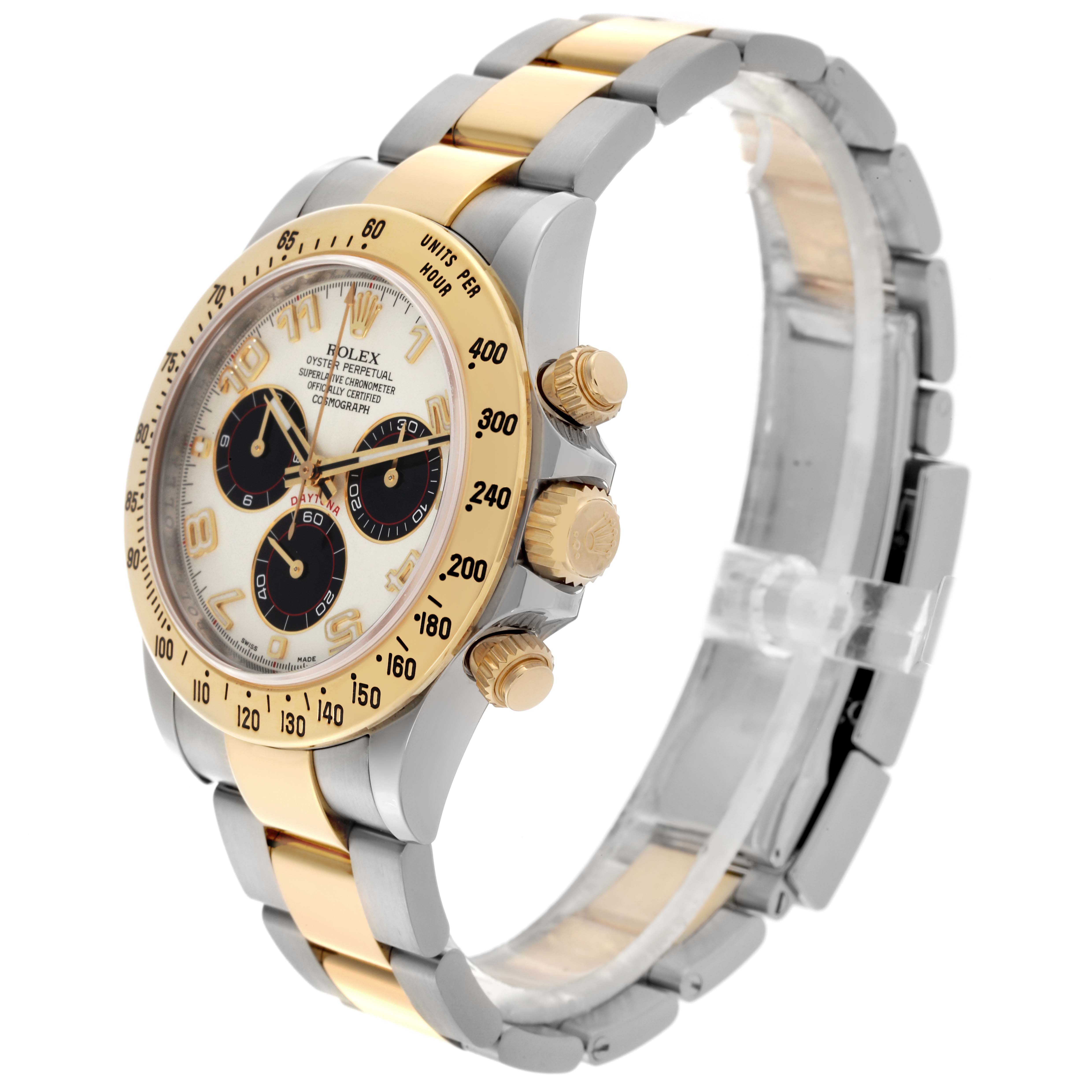 The Rolex Daytona 116523 Men's Steel and Gold (two tone) Silver Dial 116523 Men's Steel and Gold (two tone) Silver Dial watch is shown at a side angle, displaying the bracelet, bezel, dial, and pushers.