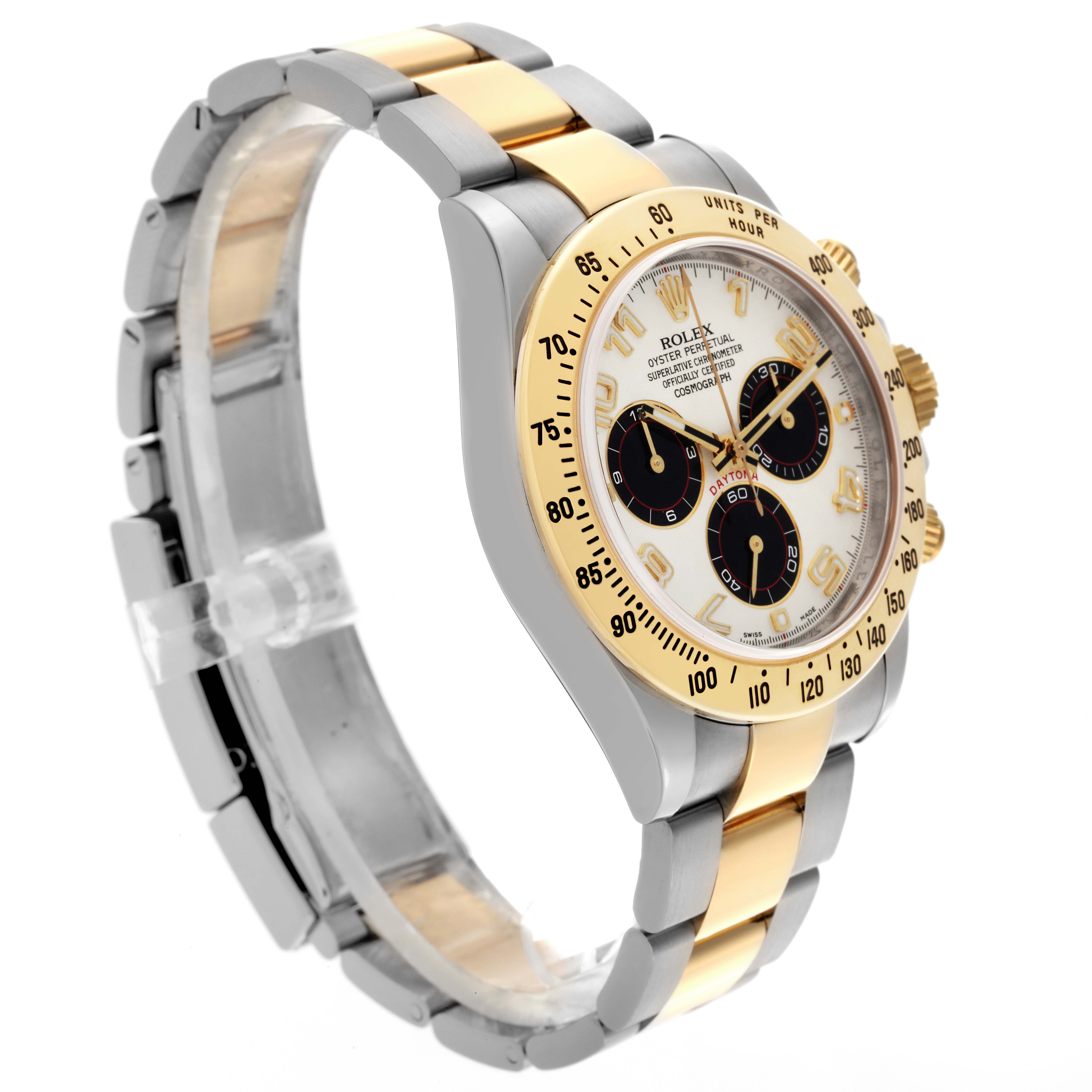 The Rolex Daytona 116523 Men's Steel and Gold (two tone) Silver Dial 116523 Men's Steel and Gold (two tone) Silver Dial watch is shown at an angled side view, highlighting the bezel, dial, bracelet, and side pushers.