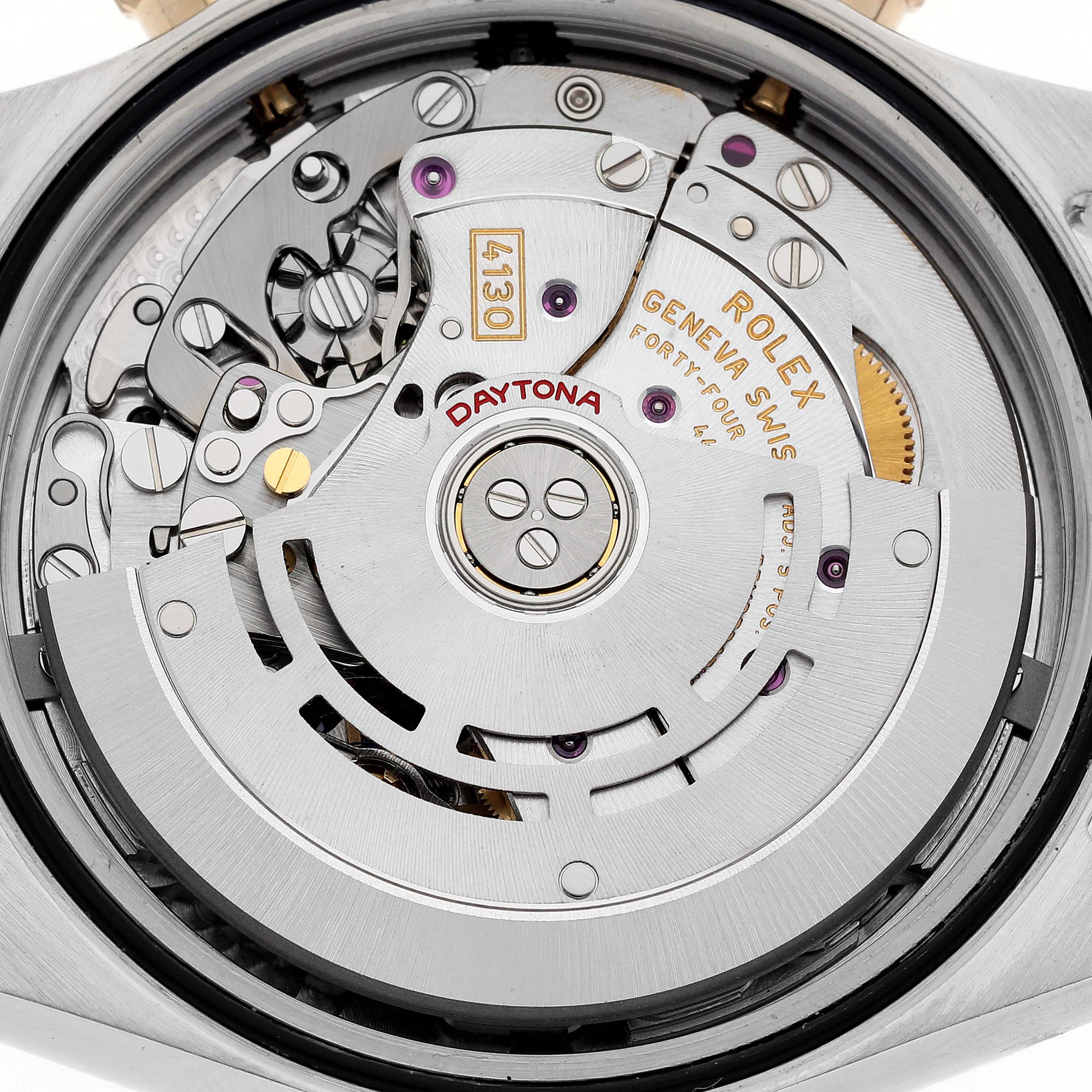 The image shows the movement and internal mechanisms of a Rolex Daytona 116523 Men's Steel and Gold (two tone) Silver Dial 116523 Men's Steel and Gold (two tone) Silver Dial watch from the back view.