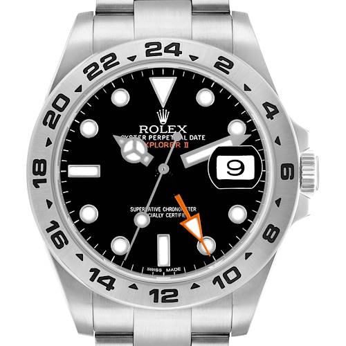 The Rolex Explorer 216570 Men's Stainless Steel Black Dial II watch is shown from the front, highlighting its dial, bezel, and crown.