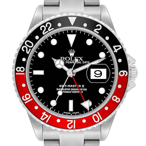 The Rolex GMT-Master 16710 Men's Stainless Steel Black Dial 16710 Men's Stainless Steel Black Dial II watch is shown from the front, highlighting the bezel, dial, hands, and part of the bracelet.