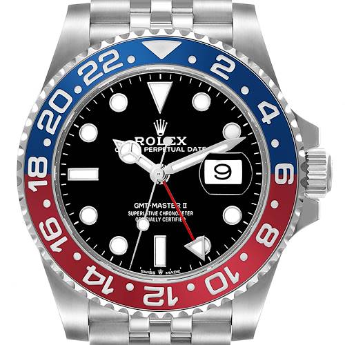 The Rolex GMT-Master 126710 Men's Stainless Steel Black Dial 126710 Men's Stainless Steel Black Dial watch is shown from the front, highlighting its dial and bezel with red and blue accents.