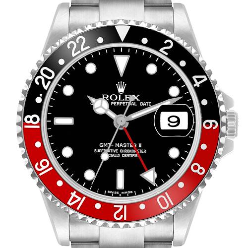 The Rolex GMT-Master 16710 Men's Stainless Steel Black Dial watch is shown from the front, displaying the dial, bezel, hands, and part of the bracelet.
