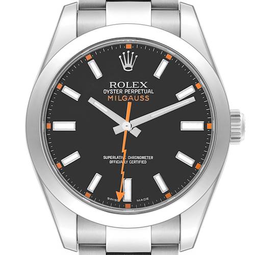 The Rolex Milgauss 116400 Men's Stainless Steel Black Dial 116400 Men's Stainless Steel Black Dial watch is shown from a front angle, displaying the face, hands, and bracelet.