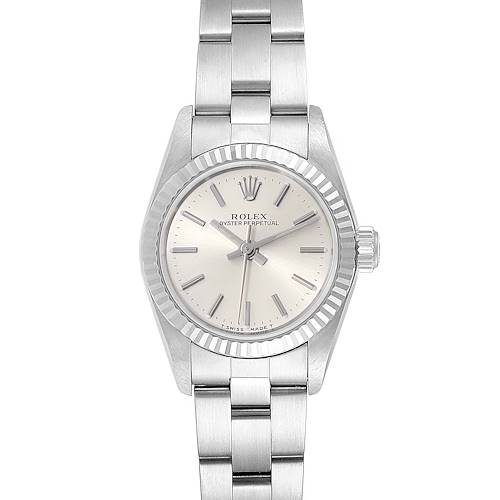 This is a front view of the Rolex Oyster Perpetual 67194 Women's Stainless Steel Silver Dial 67194 Women's Stainless Steel Silver Dial watch, showing the dial, bezel, case, and bracelet.