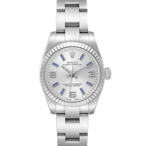 The Rolex Oyster Perpetual 176234 Women's Stainless Steel Silver Dial watch is shown from the front, highlighting the dial, bezel, and part of the bracelet.