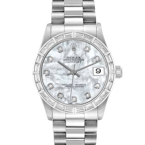 The Rolex President 78266 Women's Platinum Mother of Pearl Dial 78266 Women's Platinum Mother of Pearl Dial model is shown from a frontal angle, highlighting the dial, bracelet, and crown.