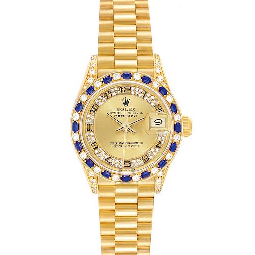 The Rolex President 69198 Women's Yellow Gold Champagne Dial model is shown from a top view, highlighting its gold bracelet, dial, and diamond-and-sapphire bezel.