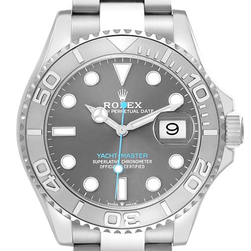 The Rolex Yacht-Master 126622 Men's Stainless Steel Grey Dial watch is shown from a front view, highlighting the dial, bezel, and part of the bracelet.